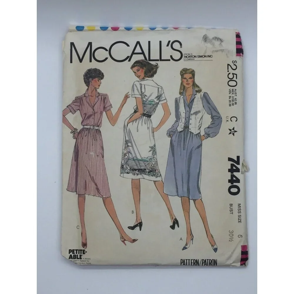 McCall's 7440 Misses Size 6 Bust 30.5 Buttoned Pullover Dress & Vest 1981